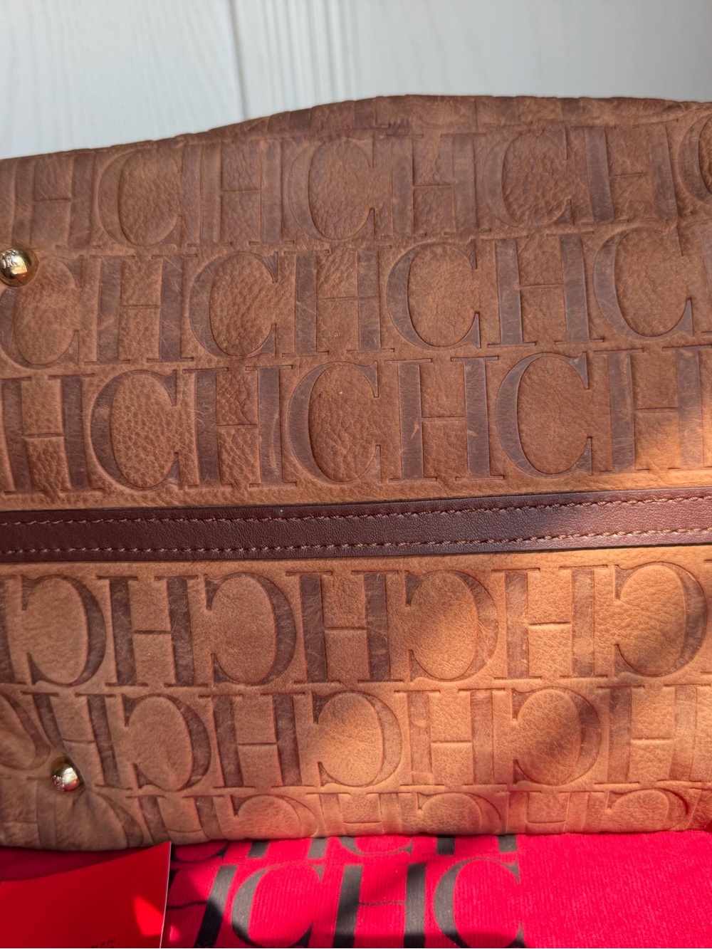Carolina Herrera Tan Embossed CH Monogram Shoulder Tote Bag - Picture 8 of 14